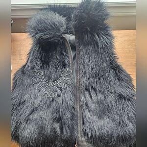 DKNY petite black long faux fur vest. Os